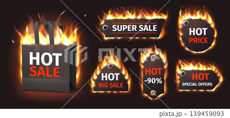 Hot Sale labels. Stickers featuring fiery discounts. Shopping banners with flame effects in various shapes. Fire themed icons and special offer logos. Vector blazing marketing badges set Hot Sale labels. Stickers featuring fiery discounts. Shopping banners with flame effects in various shapes. Fire themed icons and special offer logos. Vector blazing marketing badges set 139459093