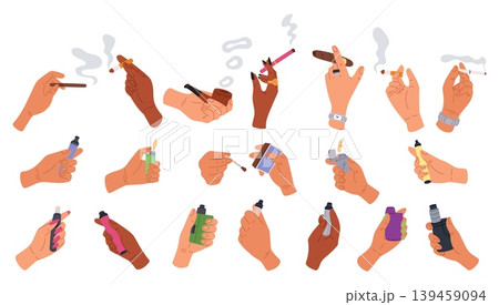 Human hands holding cigarettes and vapes. Mens and womens arms. Unhealthy addiction. Tobacco smoking and vaping. Lighters and matches. Bad habits. Smokers cigar. Nicotine smoke vector set 139459094