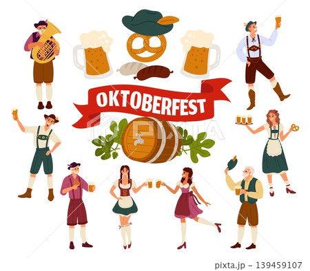 People celebrating Oktoberfest. Happy men and women in Bavarian costumes. Pretzels and ale pints. Beer festival participants. German brewery barrel. Alcohol carnival elements vector set People celebrating Oktoberfest. Happy men and women in Bavarian costumes. Pretzels and ale pints. Beer festival participants. German brewery barrel. Alcohol carnival elements vector set 139459107