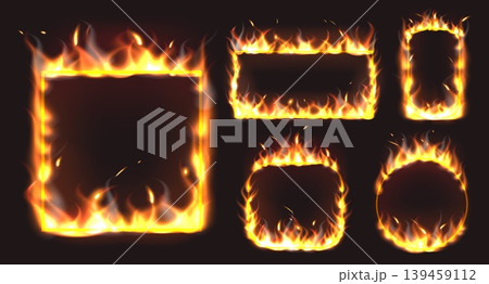 Realistic depictions of flames. Various shapes of burning thin frames. Orange glowing of fire. Shiny circle or square borders. Dangerous wildfire. Blazing rectangle. Igniting vector set Realistic depictions of flames. Various shapes of burning thin frames. Orange glowing of fire. Shiny circle or square borders. Dangerous wildfire. Blazing rectangle. Igniting vector set 139459112
