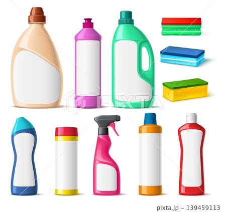 Realistic detergent bottles. Plastic packaging with blank labels. 3D packages mockup. Dishwashing sponge. Laundry cleanser. Housekeeping soap. Vector set of household cleaning products 139459113