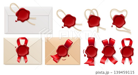 Realistic envelopes made from various types of postal paper. Featuring blank wax seals, satin ribbons and twine, well as greeting cards. Letter Vector objects set Mail guarantee stamp. Realistic envelopes made from various types of postal paper. Featuring blank wax seals, satin ribbons and twine, well as greeting cards. Letter Vector objects set Mail guarantee stamp. 139459115