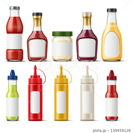 Realistic glass and plastic sauce bottles. Insulated 3D containers for liquid condiments. Blank label stickers. Mayo seasoning. Mustard and BBQ ketchup. Isolated packaging mockup vector set Realistic glass and plastic sauce bottles. Insulated 3D containers for liquid condiments. Blank label stickers. Mayo seasoning. Mustard and BBQ ketchup. Isolated packaging mockup vector set 139459126