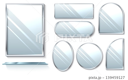 Realistic glass banner in frame with shelf. Square or oval 3D mirrors. Transparent reflective surfaces various shapes. Minimalist metal borders. Bathroom interior isolated object vector set Realistic glass banner in frame with shelf. Square or oval 3D mirrors. Transparent reflective surfaces various shapes. Minimalist metal borders. Bathroom interior isolated object vector set 139459127