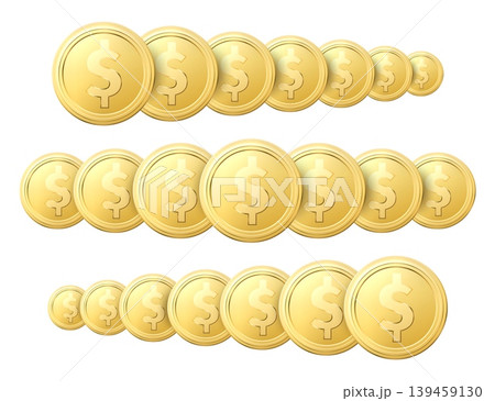 Realistic gold coins arranged in row against white background. Golden cash view perspective. Money savings. Finance success. Casino jackpot. Dollars in line. Vector banking objects set Realistic gold coins arranged in row against white background. Golden cash view perspective. Money savings. Finance success. Casino jackpot. Dollars in line. Vector banking objects set 139459130
