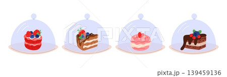 Tray with pastries and pieces of cake covered with transparent lid. Confectionery under cloche. Glazed biscuit. Yummy cheesecake. Vector set of sweet pies for cafe or shop display showcase 139459136