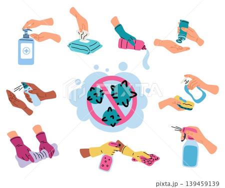 Use of disinfectant spray. Disinfection process. Hands wash while wearing rubber gloves. Germs and bacteria. Chemical products for eliminating infection. Antiseptic cleanup vector set 139459139