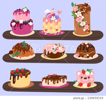 Wooden shelving in bakery or shop with cake trays. Cupcakes or sweet pies. Chocolate glazed pastries on counter. Delicious food showcase. Confectionery store. Vector desserts shelves set Wooden shelving in bakery or shop with cake trays. Cupcakes or sweet pies. Chocolate glazed pastries on counter. Delicious food showcase. Confectionery store. Vector desserts shelves set 139459143