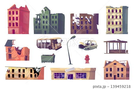 Damaged urban structures. Destroyed buildings. Broken cars and buses. Smashed streetlights. Dilapidated dwelling. Post apocalyptic urban landscape after disaster elements vector set 139459218