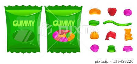 Fruit chewy marmalade in plastic packaging. Flavored jelly gum candies. Sugar snacks. Delicious gelatin dessert. Foil packs. Full and empty wrappers. Vector confectionery elements set Fruit chewy marmalade in plastic packaging. Flavored jelly gum candies. Sugar snacks. Delicious gelatin dessert. Foil packs. Full and empty wrappers. Vector confectionery elements set 139459220