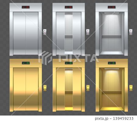 Gold and silver elevator entrance doors. Realistic metallic opening and closing hotel doorway with call buttons and floor indicators. 3D cabin gates. Lobby interior elements vector set Gold and silver elevator entrance doors. Realistic metallic opening and closing hotel doorway with call buttons and floor indicators. 3D cabin gates. Lobby interior elements vector set 139459233