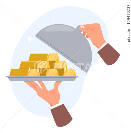 Hand holding tray of gold bars. Golden ingot on platter with dome. Wealth and investment. Waiter carries money at dishware. Arm with profit currency. Vector concept of financial success 139459237