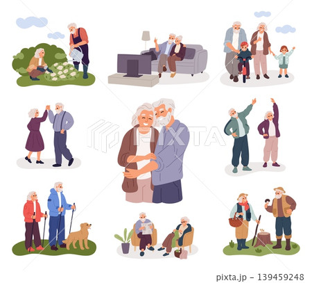 Modern senior couples. Hobbies for elderlies. Active lifestyles. Older men and women taking walks, relaxing, and gardening. Grandparents playing and watching TV. Vector activities set Modern senior couples. Hobbies for elderlies. Active lifestyles. Older men and women taking walks, relaxing, and gardening. Grandparents playing and watching TV. Vector activities set 139459248