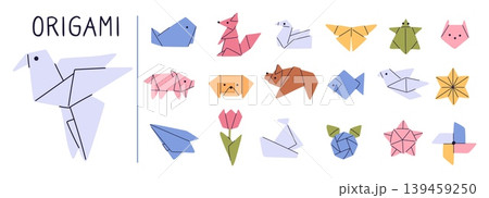 Origami animals. Asian art. Japanese traditional hobby. Pets muzzle. Dove birds. Creative fish and mammals. Handmade geometric flower. Vector set of figures folded from colorful paper Origami animals. Asian art. Japanese traditional hobby. Pets muzzle. Dove birds. Creative fish and mammals. Handmade geometric flower. Vector set of figures folded from colorful paper 139459250