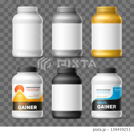 Packaging mockups for protein products. Realistic images of plastic jars in black, silver, gold, and white. Closed pots. Sports supplements and fitness nutrition. Vector 3D packages set Packaging mockups for protein products. Realistic images of plastic jars in black, silver, gold, and white. Closed pots. Sports supplements and fitness nutrition. Vector 3D packages set 139459251