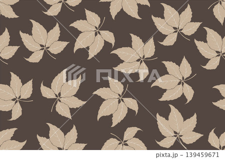 Seamless pattern of stylized leaves in soft beige tones set against a rich dark brown background, it suitable for textiles, wallpapers, and decorative element. Seamless pattern of stylized leaves in soft beige tones set against a rich dark brown background, it suitable for textiles, wallpapers, and decorative element. 139459671