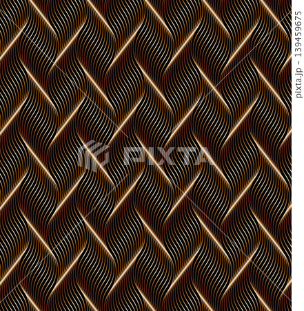 Geometric pattern of undulating, golden-brown wavy lines that mimics the appearance of woven silk or metallic fibers, set against a deep black background. Geometric pattern of undulating, golden-brown wavy lines that mimics the appearance of woven silk or metallic fibers, set against a deep black background. 139459675