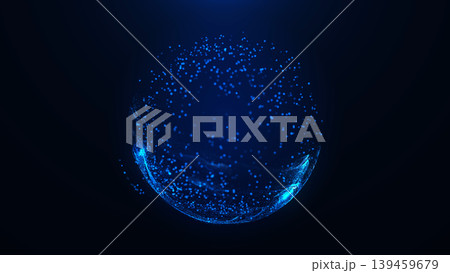 Blue particle sphere with glowing dust, floating digital dots and dark futuristic depth, abstract energy orb with sci fi technology mood. 139459679