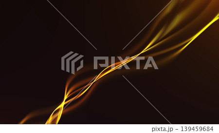 Golden light wave with flowing energy ribbons on dark background, abstract luminous line design with elegant motion and luxury digital mood. 139459684