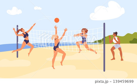 Beach volleyball players. Group of cheerful girls passing ball back and forth over net by sea. Sports competitions on ocean sandy shore. Outdoor athletic tournament. Vector concept 139459699