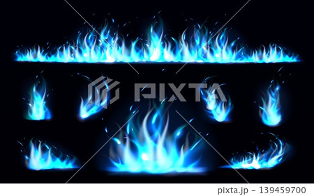 Blue flames. Realistic cold burn effects. 3D lights. Carbon monoxide colored fire. Flammable butane ignition various shapes. Glowing sparks. Hell combustion. Vector isolated elements set Blue flames. Realistic cold burn effects. 3D lights. Carbon monoxide colored fire. Flammable butane ignition various shapes. Glowing sparks. Hell combustion. Vector isolated elements set 139459700