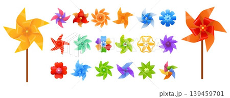 Bright summer spinning toys. Children rotating fans. Breeze mills. Kids propellers with various shape blades. Plastic ventilators. Color vanes rotation. Vector set of paper windmills 139459701