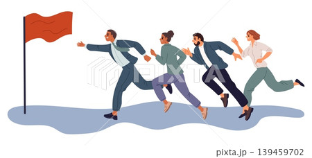 Business leader with team running toward red flag. Office career goal. Teamwork competition. Collogues rivalry. Businessmen hurrying to finish. Vector concept of leadership in business Business leader with team running toward red flag. Office career goal. Teamwork competition. Collogues rivalry. Businessmen hurrying to finish. Vector concept of leadership in business 139459702