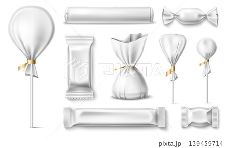 Candy wrappers. Realistic empty paper and plastic packet for various sweets. Chocolate package. Bonbon packaging. Vector mockups of empty foil sachets for delicious confectionery items Candy wrappers. Realistic empty paper and plastic packet for various sweets. Chocolate package. Bonbon packaging. Vector mockups of empty foil sachets for delicious confectionery items 139459714