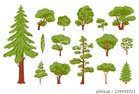 Cartoon green trees. Various types of forest plants. Coniferous and deciduous foliage. Tall and short trunks. Woodland greenery. Pine and cypress. Oak branches. Vector nature elements set Cartoon green trees. Various types of forest plants. Coniferous and deciduous foliage. Tall and short trunks. Woodland greenery. Pine and cypress. Oak branches. Vector nature elements set 139459721