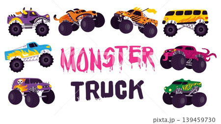 Cartoon monster trucks. Childrens toy cars. Brightly colored jeeps. Extreme entertainment sports show. Automobiles race. SUV transport rally. Motocross speed drive. Auto vector set Cartoon monster trucks. Childrens toy cars. Brightly colored jeeps. Extreme entertainment sports show. Automobiles race. SUV transport rally. Motocross speed drive. Auto vector set 139459730
