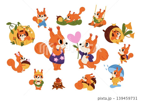 Cartoon red squirrels. Cute fluffy creatures. Forest dwellers climbing trees. Amusing wildlife characters in various poses. Furry animals in burrow with acorn. Happy mammals vector set Cartoon red squirrels. Cute fluffy creatures. Forest dwellers climbing trees. Amusing wildlife characters in various poses. Furry animals in burrow with acorn. Happy mammals vector set 139459731