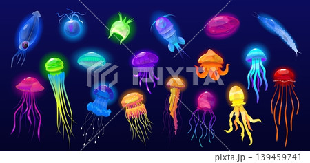 Deep sea jellyfish and plankton. Luminous water inhabitants. Ocean fauna. Poisonous tentacles. Transparent marine medusa. Underwater invertebrate animals. Undersea creatures vector set Deep sea jellyfish and plankton. Luminous water inhabitants. Ocean fauna. Poisonous tentacles. Transparent marine medusa. Underwater invertebrate animals. Undersea creatures vector set 139459741
