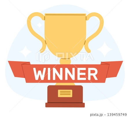 Trophy cup with red ribbon and inscription winner. Award or symbol of victory. Reward ceremony. Championship win. Best achievement and success. Tournament champion goblet. Vector concept Trophy cup with red ribbon and inscription winner. Award or symbol of victory. Reward ceremony. Championship win. Best achievement and success. Tournament champion goblet. Vector concept 139459749