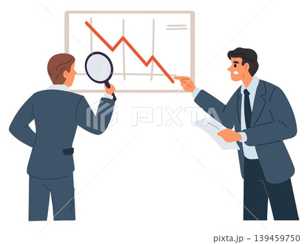 Two businessmen and brokers looking at falling market chart or stock quotes. Financial depression. analysis infographic. Frightened people looking at failure diagram. Vector concept Two businessmen and brokers looking at falling market chart or stock quotes. Financial depression. analysis infographic. Frightened people looking at failure diagram. Vector concept 139459750