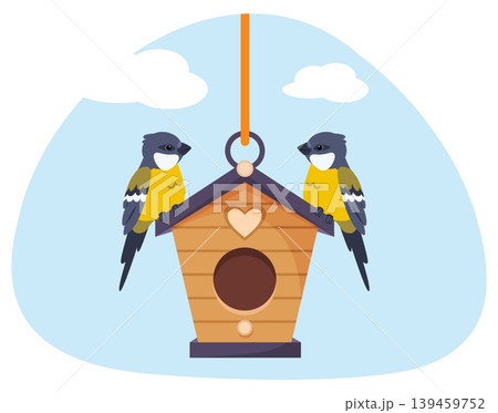 Two little birds sitting on roof of wooden birdhouse. Flying animals. Starling shelters. Handmade craft houses for tits. Titmouse couple. Sparrow dwelling hanging on rope. Vector concept 139459752