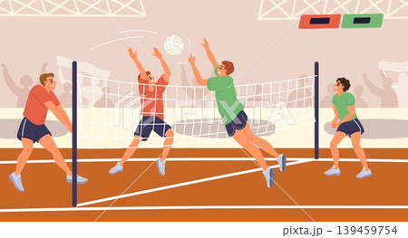 Volleyball tournament. Sports teams compete in game. Players serving and hitting ball through net. Professional athletes championship. Volleyballers play at stadium court. Vector concept 139459754