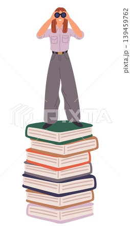 Young woman with telescope stands on stack of books. Knowledge broadens horizons and opportunities. Student looking through binoculars. Girl studying and finding wisdom. Vector concept Young woman with telescope stands on stack of books. Knowledge broadens horizons and opportunities. Student looking through binoculars. Girl studying and finding wisdom. Vector concept 139459762