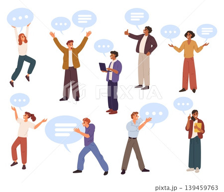 Young women and men with speech bubbles. Speakers dialogue. Conversation and discussion. Female and male communicating. Vector concept of communication and interaction between people 139459763