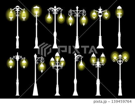 White silhouettes of old fashioned glowing street lamps. Town streetlight. Streetlamp illumination. Park light. Outdoor lantern. Vector set of elements of cityscape on black background 139459764