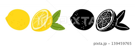 Whole lemon cuts. Yellow and black silhouette fruit slices. Tropical juicy citron with leaves. Refreshing lemonade. Food summer product. Natural sweet parts. Vector set of citrus icons Whole lemon cuts. Yellow and black silhouette fruit slices. Tropical juicy citron with leaves. Refreshing lemonade. Food summer product. Natural sweet parts. Vector set of citrus icons 139459765