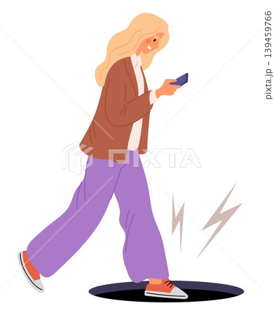Woman walks while looking at her phone screen and falls into hole in road. Accident due to inattentiveness and distraction. Smartphone addiction. Dangers for pedestrian. Vector concept Woman walks while looking at her phone screen and falls into hole in road. Accident due to inattentiveness and distraction. Smartphone addiction. Dangers for pedestrian. Vector concept 139459766