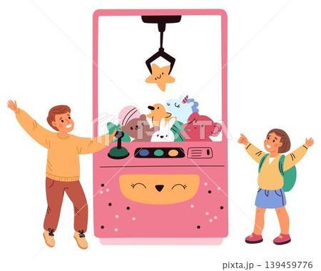 Young children play stuffed animal vending machine to win prize. Happy kids pulling plush toy from amusement dispenser. Automation with claw crane. Entertainment arcade. Vector concept Young children play stuffed animal vending machine to win prize. Happy kids pulling plush toy from amusement dispenser. Automation with claw crane. Entertainment arcade. Vector concept 139459776