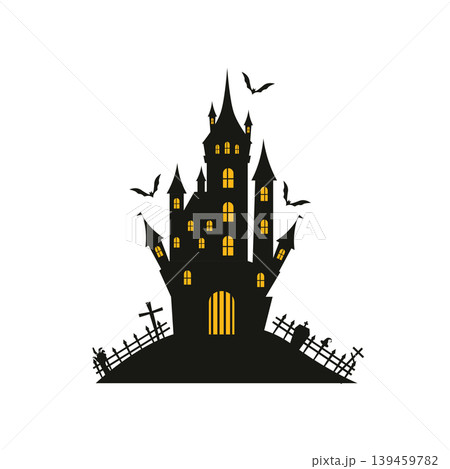 Spooky haunted castle silhouette with glowing windows bats and graveyard on a hill. Perfect for halloween party invitations decorations posters and scary design projects 139459782