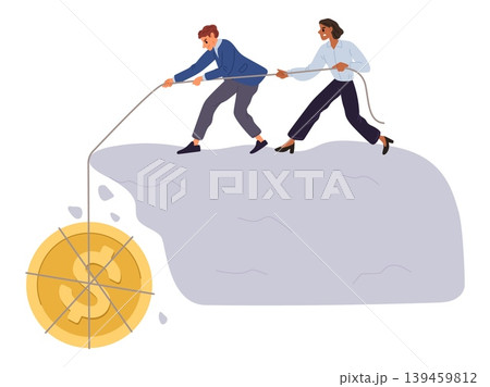 Businessman and woman hold gold coin on rope over an abyss. People overcoming crisis together. Persistent struggle for success. Colleagues pull cash money with cable. Vector concept 139459812