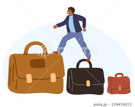 Businessman climbing up corporate ladder. Career growth. Work briefcase steps. Leadership development staircase. Goal achievement. Ambition challenge. Business improvement. Vector concept 139459813
