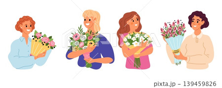Joyful young women hold bouquets of flowers in their hands. Beautiful girls with blossoms. Holiday congratulation. Gift roses to girlfriend. Blooms for mother. Vector happy females set Joyful young women hold bouquets of flowers in their hands. Beautiful girls with blossoms. Holiday congratulation. Gift roses to girlfriend. Blooms for mother. Vector happy females set 139459826