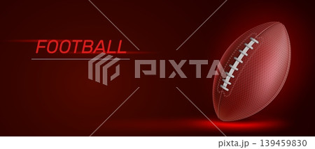 Realistic American football ball. Sport championship banner. Competitive game. Leather play accessory with lace seam for rugby. Professional league. Vector competition flyer design Realistic American football ball. Sport championship banner. Competitive game. Leather play accessory with lace seam for rugby. Professional league. Vector competition flyer design 139459830