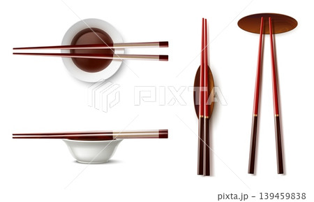 Realistic chopsticks and bowl of soy sauce. Wooden sticks for oriental cuisine. Chinese cutlery. Japanese food serving. Plate top and side views. Asian tableware. Vector objects set 139459838