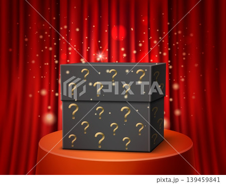 Realistic mysterious gift box with question marks on red podium. Secret prize. Exhibit showcase. Unknown surprise container on platform. Red curtain drapery. Vector present showcase stage Realistic mysterious gift box with question marks on red podium. Secret prize. Exhibit showcase. Unknown surprise container on platform. Red curtain drapery. Vector present showcase stage 139459841