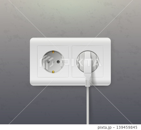 Realistic white electrical plug with sockets against gray textured wall. Outlet with power cord. Electricity charger. Appliances for connecting voltage. Vector home interior object 139459845